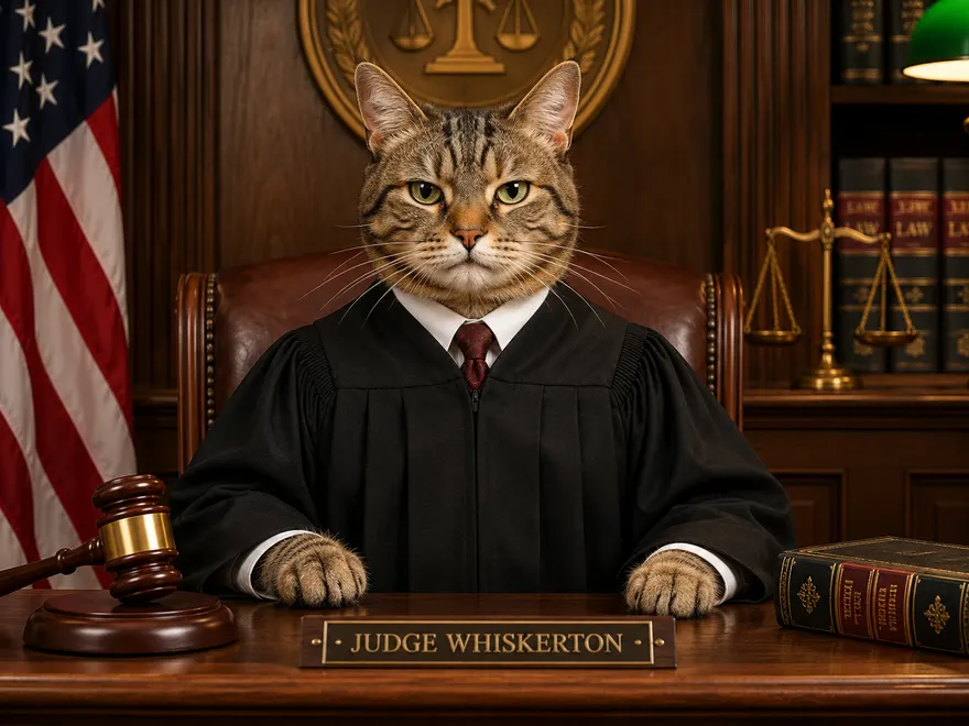 The judge: a stern tabby cat in judicial robes behind a courtroom bench